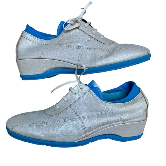 Thierry Rabotin Metallic Leather Wedge Sneakers Blue Sole Made in Italy Size 39 - Picture 1 of 12